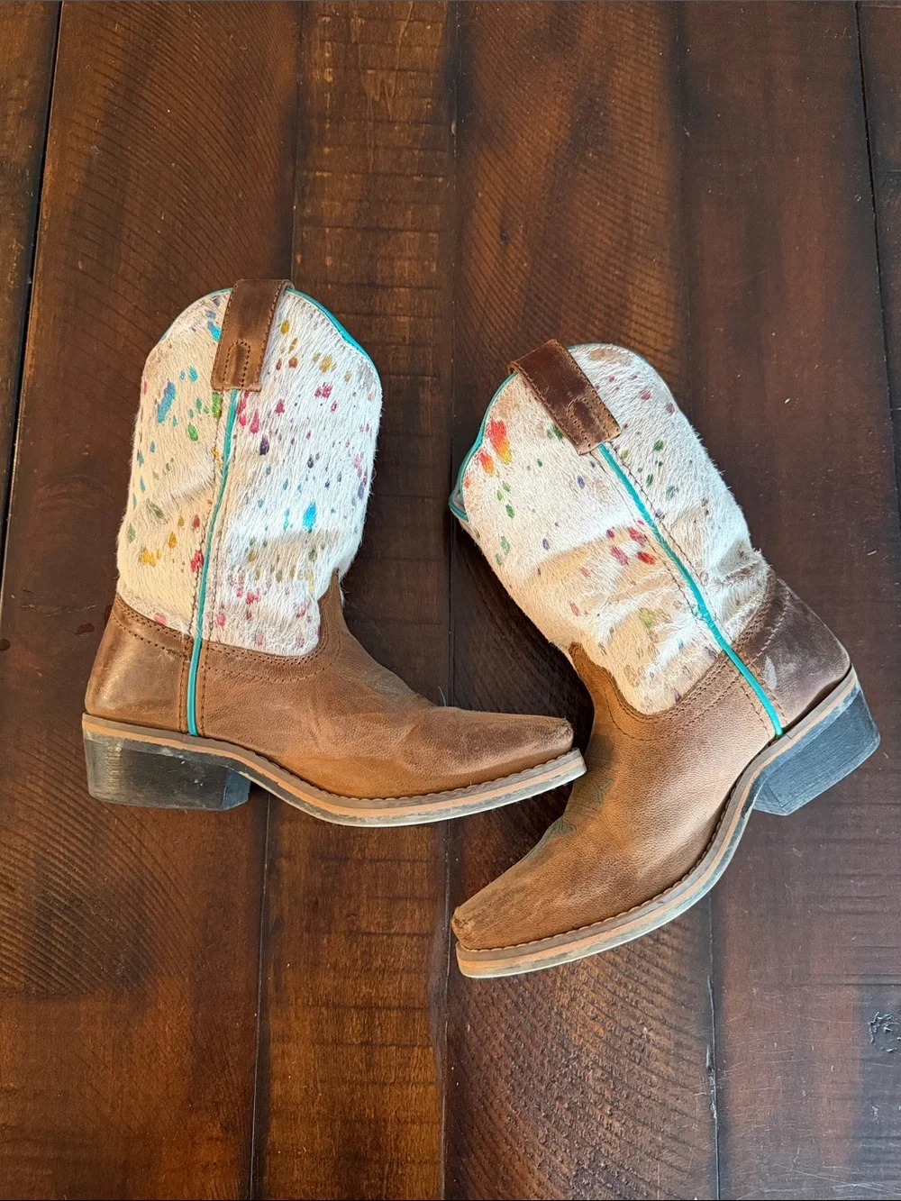 Dan Post Kids Brown Leather & Cream Cowhide Boots with Turquoise Trim
